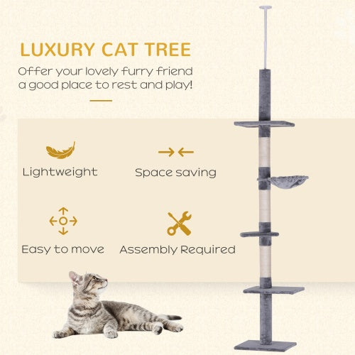 PawHut 9' Adjustable Height Floor - To - Ceiling Vertical Cat Tree - Grey And White - 5 - cjdroshippping