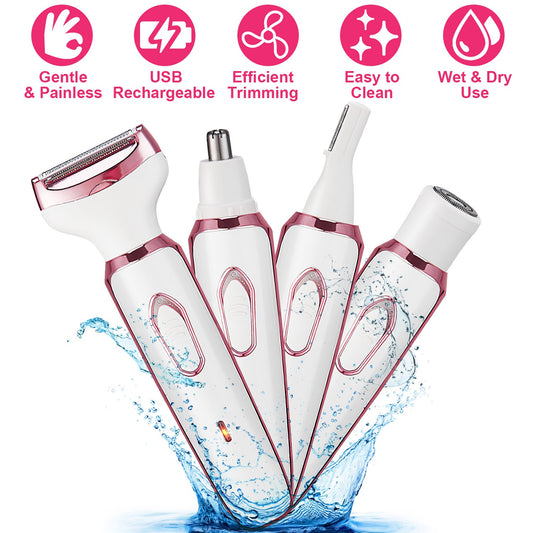 1Pc 4 In 1 Electric Razor For Women Painless Grooming Kit Rechargeable Eyebrow Nose Hair Pubic Hair Bikini Trimmer Face Shaver - 5 - cjdropshipping