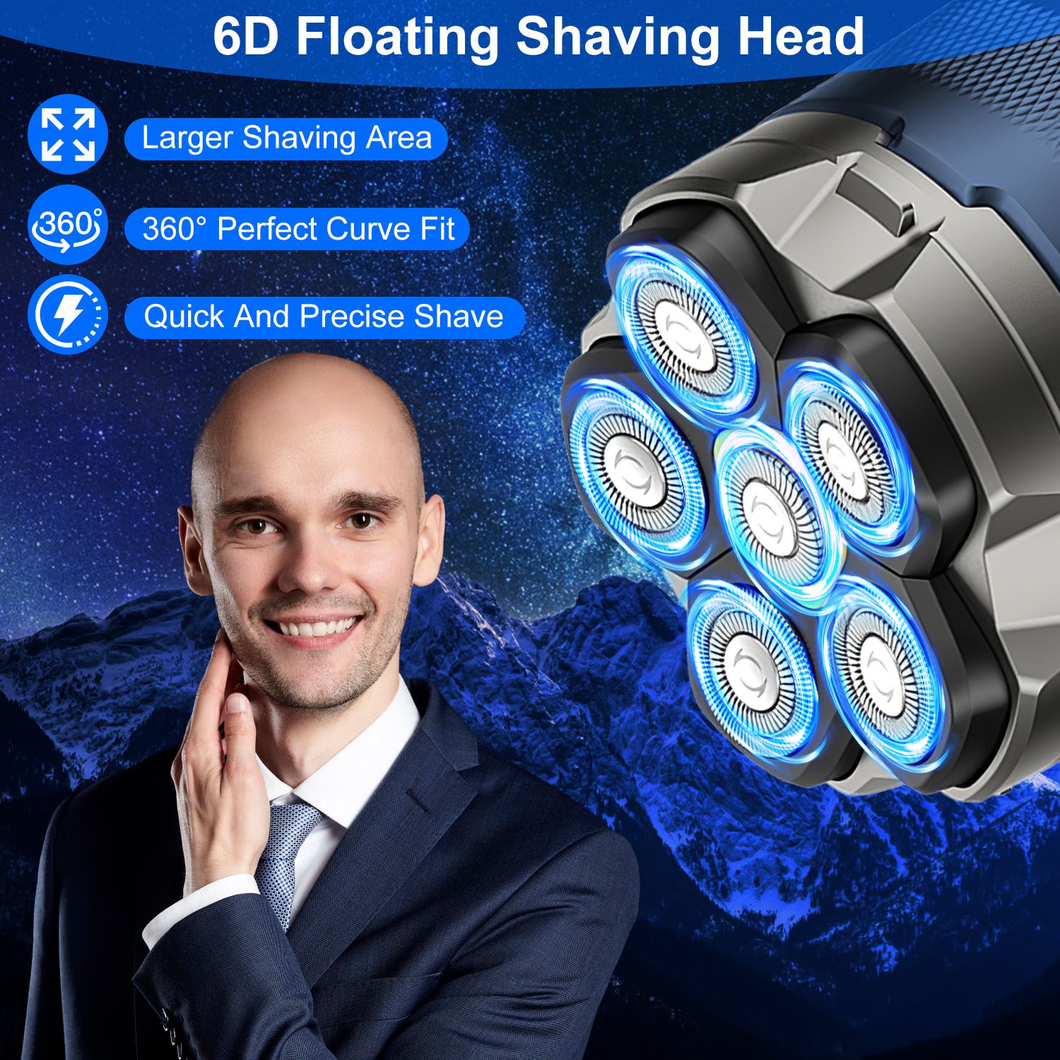 1Pc  Cordless Electric Head Shaver For Men 6D Magnetic Floating Head IPX6 Waterproof Wet Dry Shaving Electric Razor Type-C Rechargeable Trimmer With LED Digital Display For Bald Man