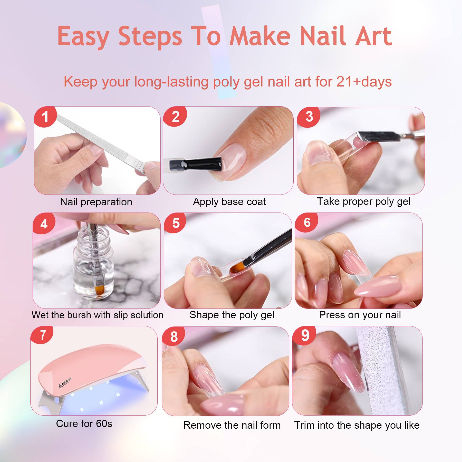 6 PCS Poly Gel Nail Kit With UV Lamp, Top Base Coat Builder Nails Art Tools - 5 - CJ