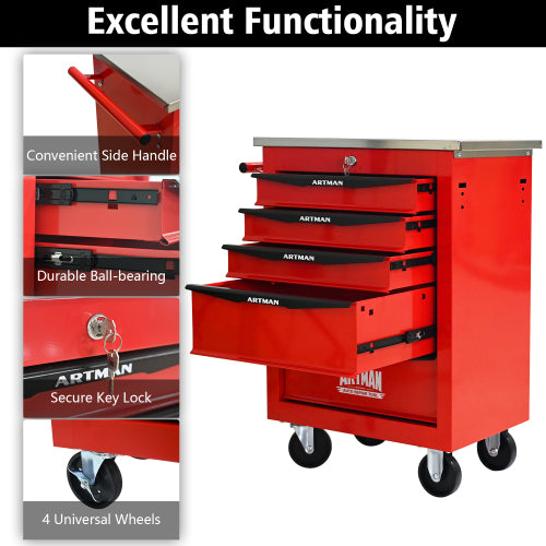 5 Drawers Multifunctional Tool Cart With Wheels,Metal Rolling Tool Cart Storage For Garage Workshop Warehouse Repair Shop - With Stainless Steel Roof - Red  Black - 5 - CJ
