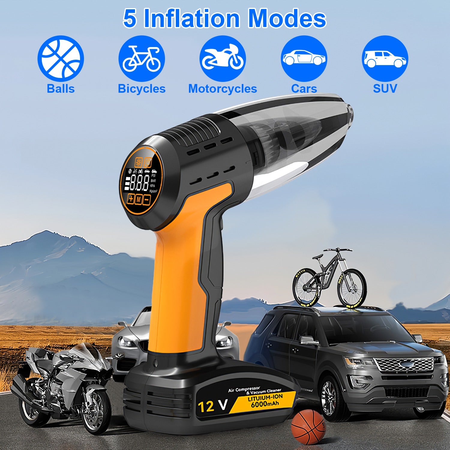 1Pc 4 In 1 Cordless Car Vacuum Cleaner And Tire Inflator With LED Light Digital Display Tire Pressure Gauge 150PSI Rechargeable Air Compressor Pump Essential Car Accessories - 5 - CJ