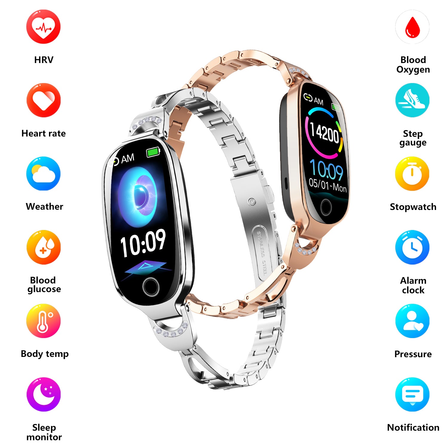 Gold Smartwatch For Women Compatible For Android& IOS,Bling Smart Bracelet With Female Menstrual Cycle Heart Rate Blood Pressure Remote Photography Waterproof Pedometer - 5 - CJ