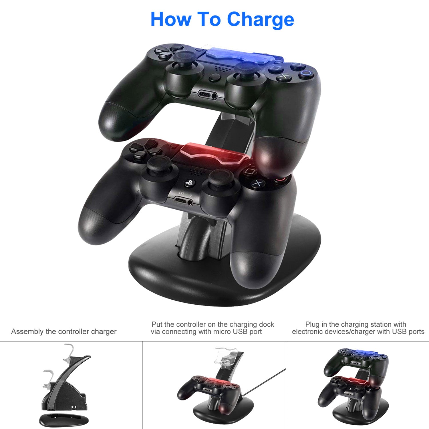 Charging Dock Station Dual Micro USB Charger Stand For PS4 Pro - PS4 Slim Gamepad Controller Handle Charging Station With Blue Indicator Game Lovers - 5 - CJ