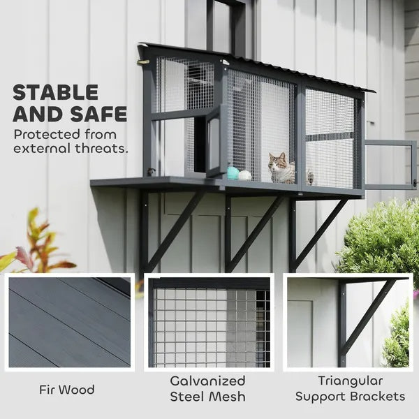 Wooden Cat Catio, Outdoor Cat Enclosure Window Perch With Jumping Platform - 5 - CJ