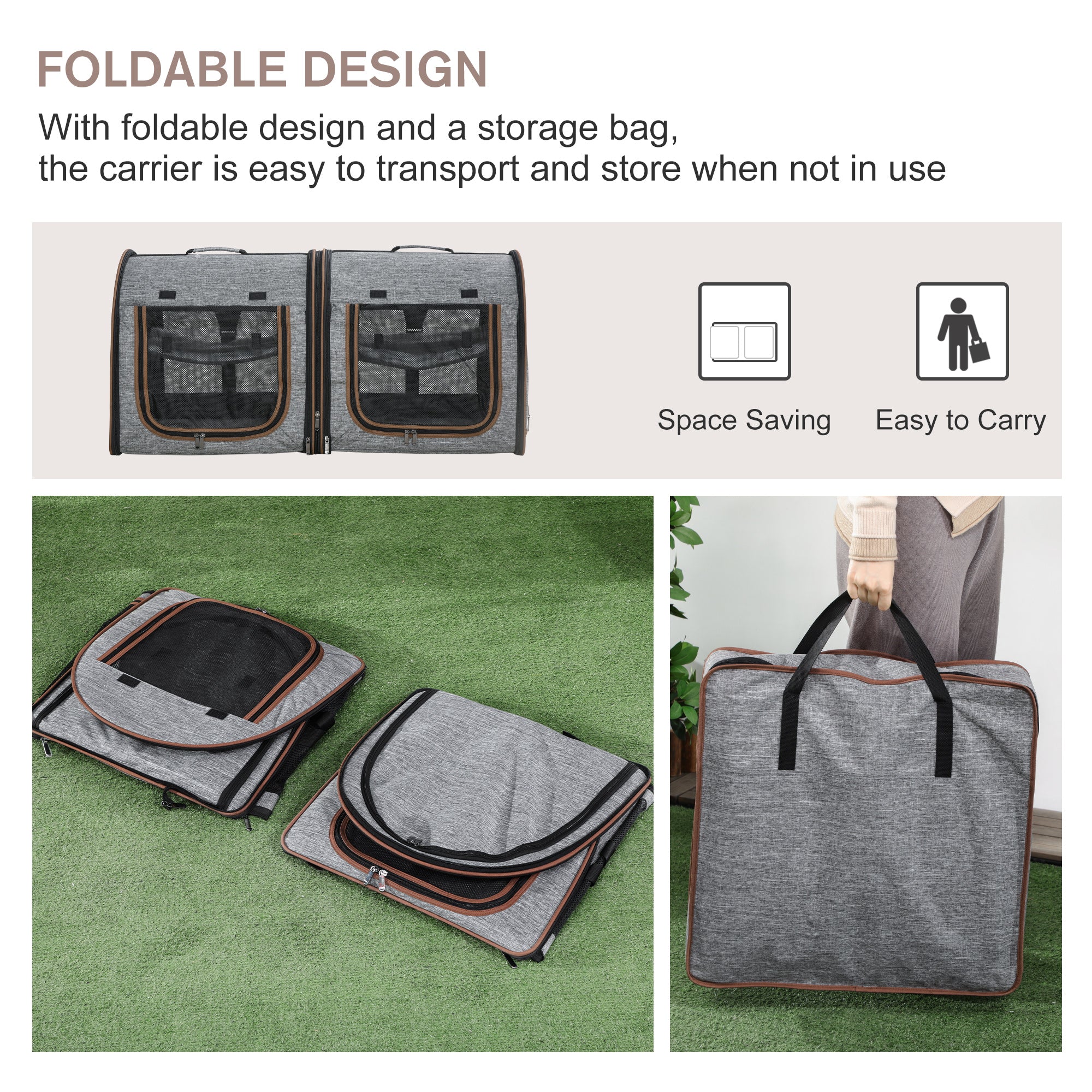 Portable Soft - sided Pet Cat Carrier With Divider, Two Compartments, Padded And Storage Bag, Grey - 5 - CJ