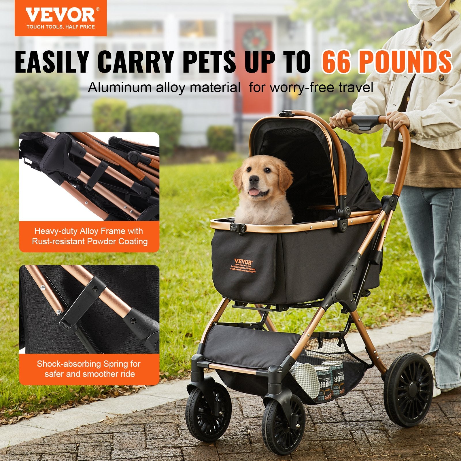 Pet Stroller, 4 Wheels Dog Stroller Rotate With Brakes, 66 Lbs Weight Capacity, Puppy Stroller With Detachable Carrier, Storage Basket And Pet Pad, For Small To Medium Sized Dogs, Black - 5 - CJ