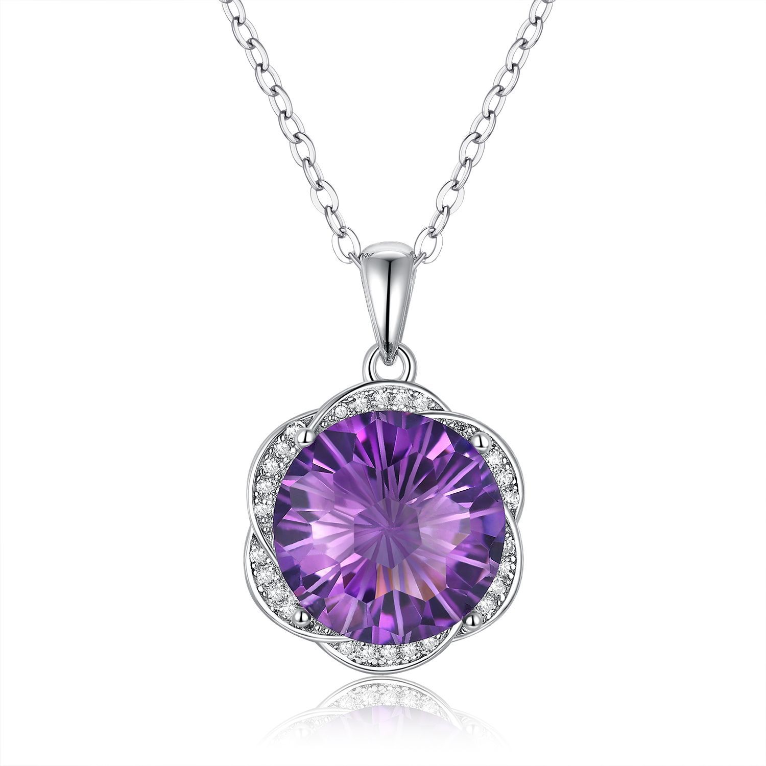 S925 Silver Set Natural Amethyst Necklace European And American Luxury Flower Design Pendant - 4 - CJ