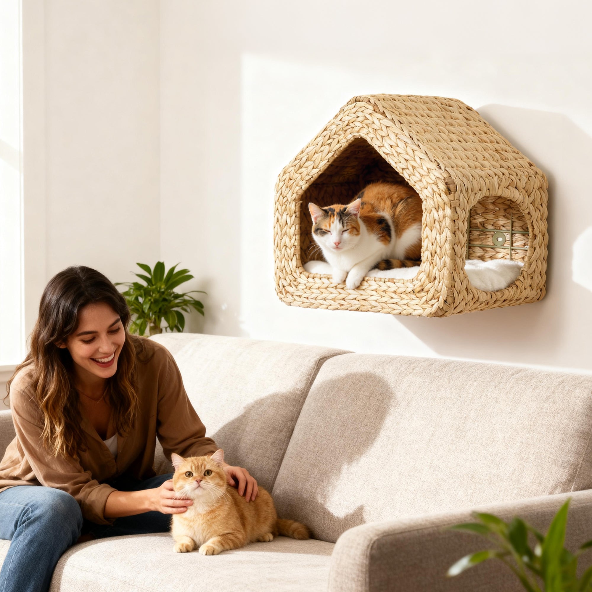 Wall Mounted Cat House, Cat Wall Furniture, Cat Wall Shelf with Washable Cushion, Natural - 5 - CJ