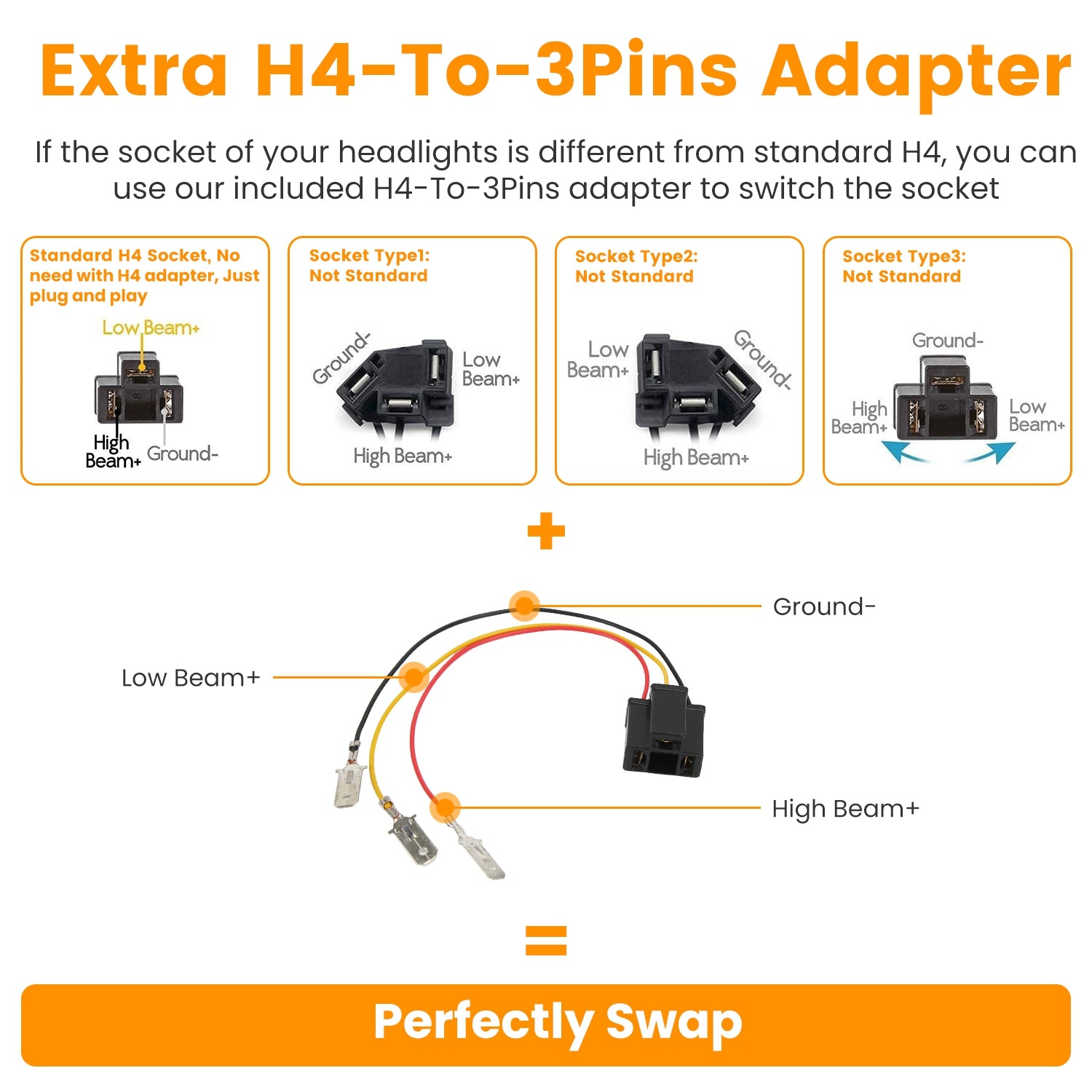 2Pcs 4x6in Car LED Headlights Vehicle Rectangular Headlamp With H4 Socket H4-to-3Pins Adapter With High Low Beam White Light IP68 Waterproof For 10-80V SUV Truck Sedan Car Motorcycle