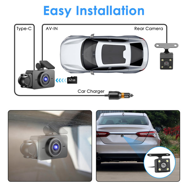 3 Channel Dash Cam For Cars, 1080P Full HD Front Camera (140° Wide View) With 480P Interior & Rear Cameras, 360° Vehicle Protection, Picture - in - Picture Display For Collision Evidence - 5 - CJ