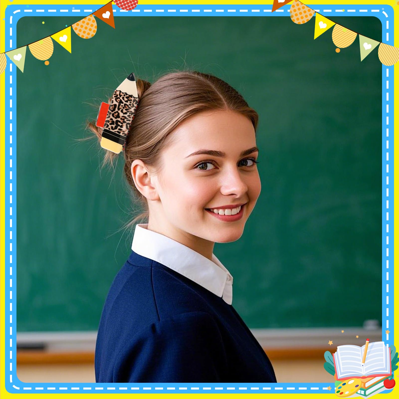 4Pcs Pencil Hair Clips Back To School Hair Accessories For Women Sunflower Leopard Stripe Hair Claw Clips Non Slip Hairpin For Thick Thin Hair School Opens Season Teachers Outfit Decor - Clearance - 5 - CJ