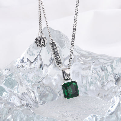 S925 Silver Emerald Necklace Women Retro Fashion Charm Crown Collar Chain Hip Hop Personality Sweater Chain - 4 - CJ