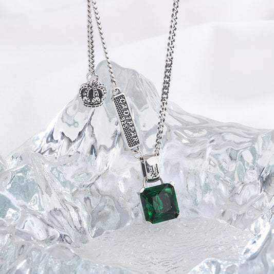 S925 Silver Emerald Necklace Women Retro Fashion Charm Crown Collar Chain Hip Hop Personality Sweater Chain - 4 - CJ