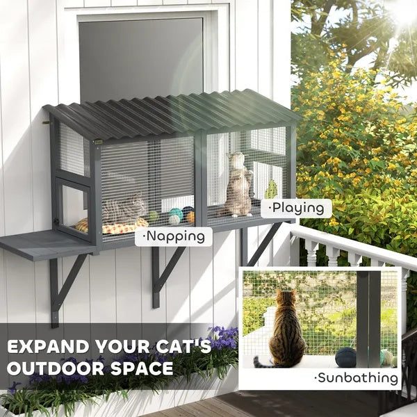 Wooden Cat Catio, Outdoor Cat Enclosure Window Perch With Jumping Platform - 5 - CJ