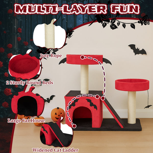 Halloween Cat Climbing Frame Gothic Cat Tree, Cat Tower With Spacious Cat Condo, 2 Padded Perches, Spider Toy, Scratching Posts, Scratching Ladder For Large Cats, Red & Black - 5 - CJ