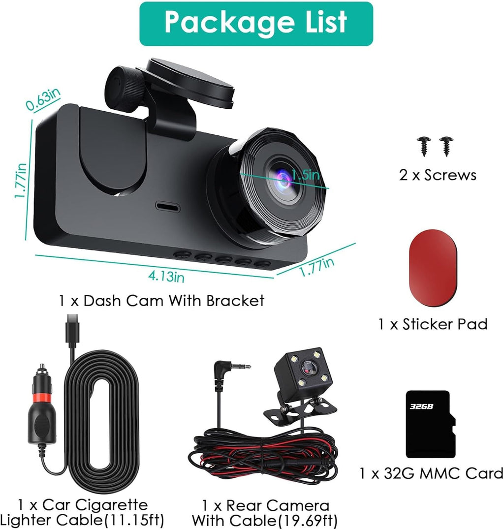 3 Channel Dash Cam, 1080P Dash Cam Front And Rear Inside, Three Way Dash Camera For Cars, Car Camera With 32GB Card, 24H Parking Mode, Loop Recording, Super Night Vision