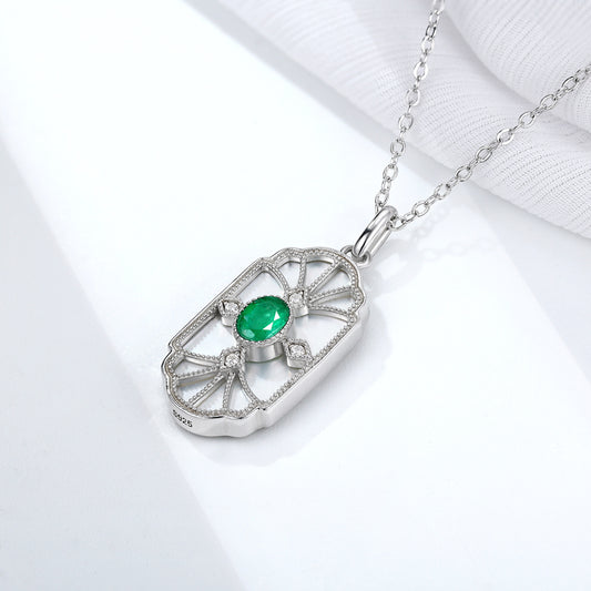 Natural Emerald Necklace Female Original Retro Design Jewelry S925 Silver Inlaid Mother Shell Pendant Square Shaped Pendant - 4 - CJ