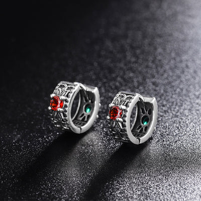 925 Sterling Silver Floral Pattern Red Green Zircon Front And Back Wear Vintage Earrings - 4 - CJ