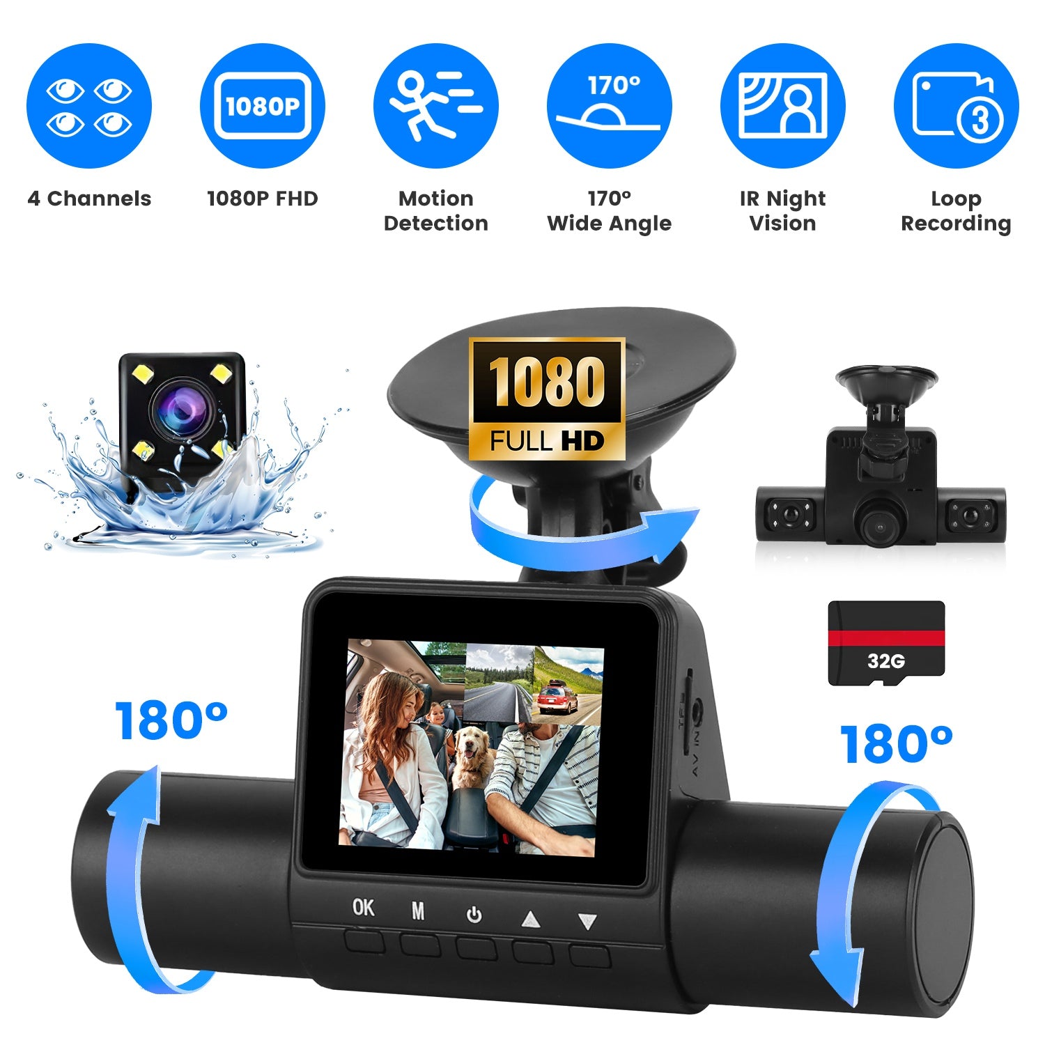 1Pc 360 Degree View FHD 4 Channel Dash Cam 1080P Front 480P Rear Left Right Inside Dash Camera With IR Night Vision Loop Recording Motion Detection Free 32GB MMC Card - 5.0 - CJ