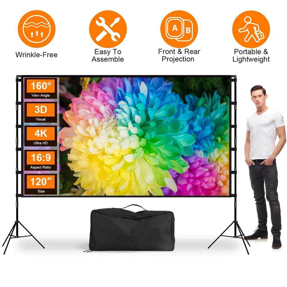 100inch/120inch Options Projector Screen With Stand 16:9 4K HD Rear Front Wrinkle - Free Portable And Foldable Movie Screen With Carry Bag For Indoor Outdoor Home Theater Backyard Cinema - 5 - CJ