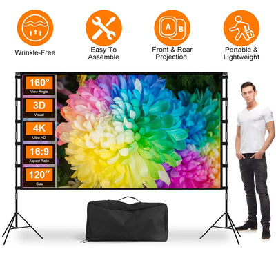 100inch/120inch Options Projector Screen With Stand 16:9 4K HD Rear Front Wrinkle - Free Portable And Foldable Movie Screen With Carry Bag For Indoor Outdoor Home Theater Backyard Cinema - 5 - CJ