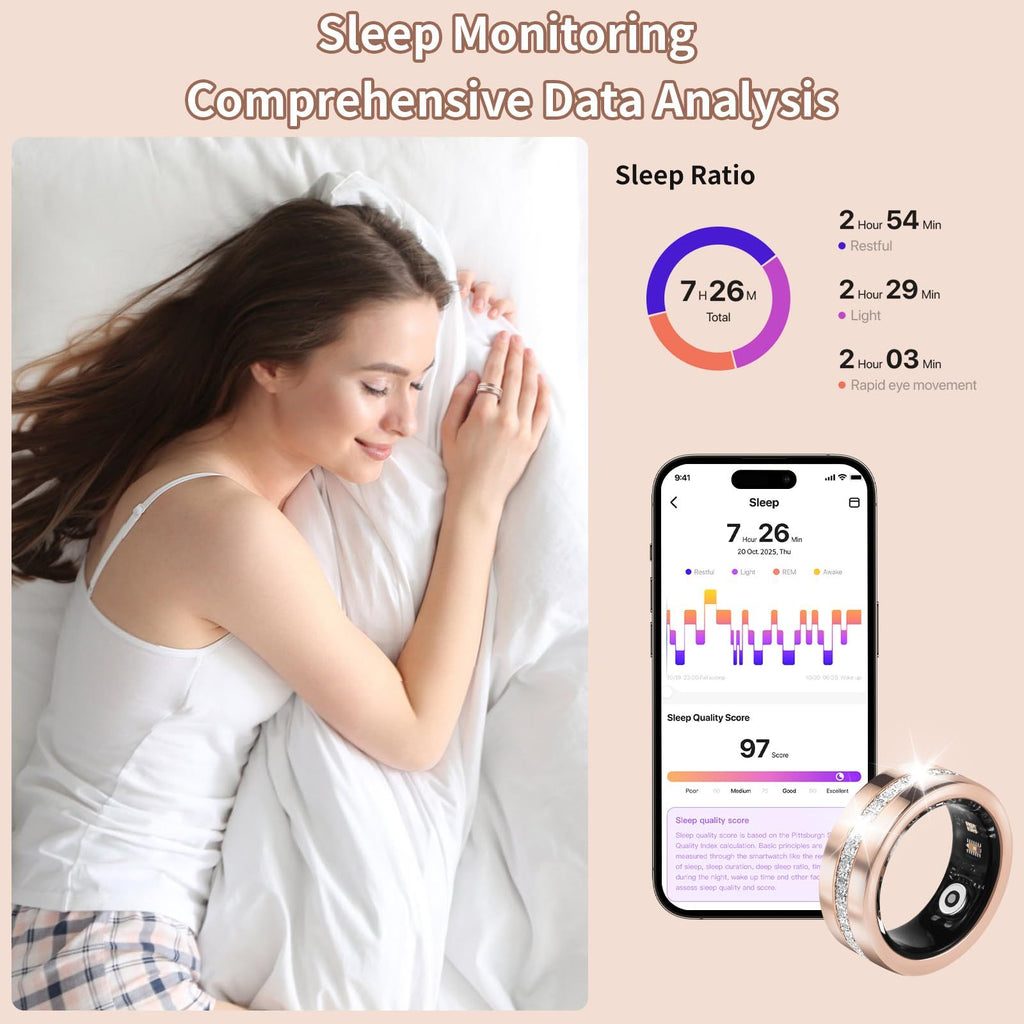 2025 New Smart Ring For Women, Health & Fitness Tracker With Heart Rate, Blood Oxygen, Sleep Monitoring, Elegant Rose Gold Design With Crystal Accents, IP68 Waterproof, Gesture Control