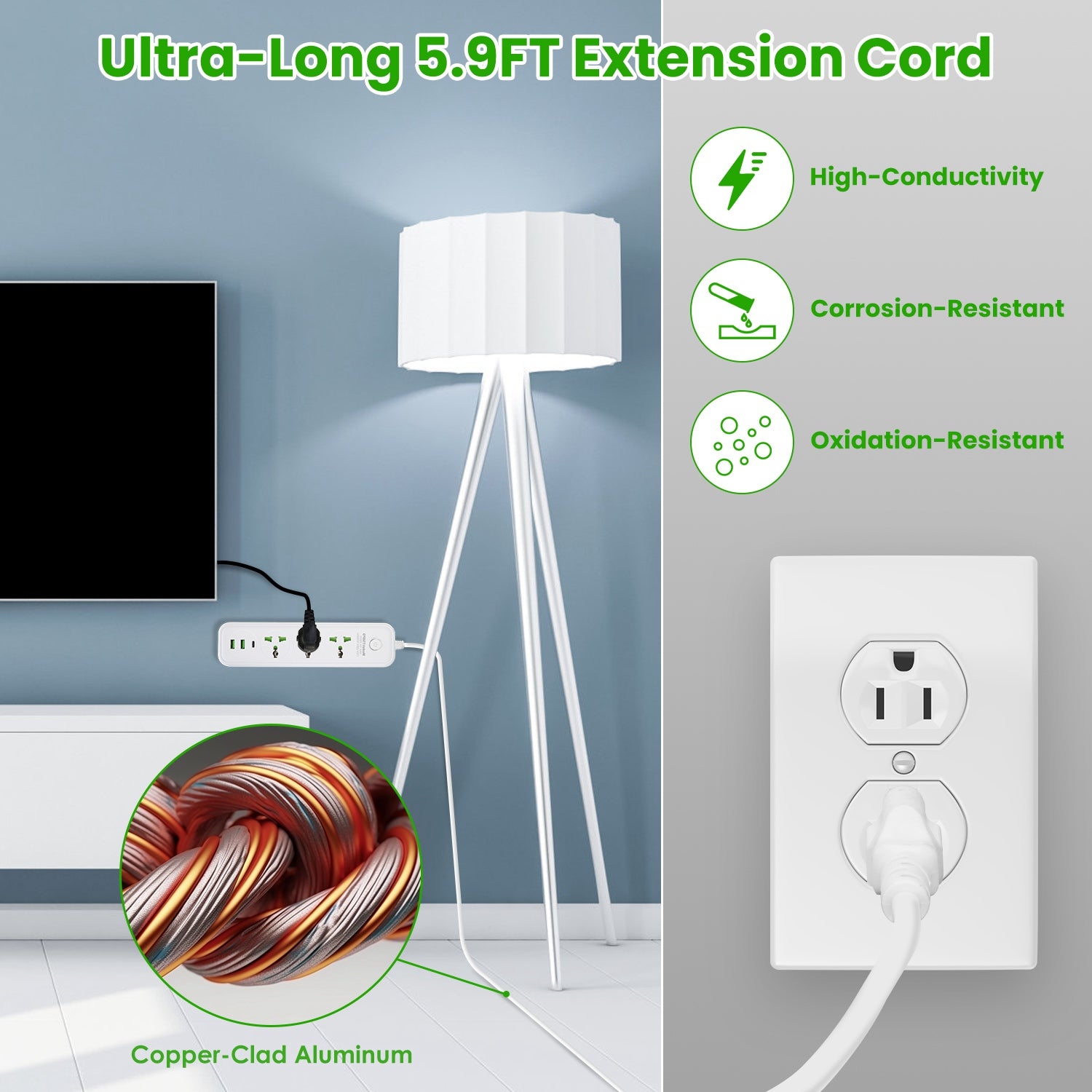 1Pc Power Strip With 6FT Extension Cord 3 AC Outlets And 2 USB A Ports 1 USB C Port 2500W Wall Mount Outlet Extender For Home Office Dorm Travel - 5 - CJ