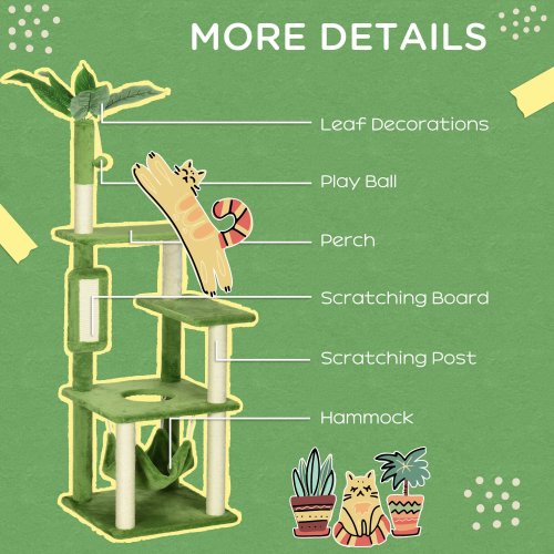 PawHut 56 Cat Tree For Indoor Cats With Hammock, Cat Tower With Scratching Post, Platforms, Play Ball And Anti - tipping Device, For Indoor Cats, Green - 5 - CJ