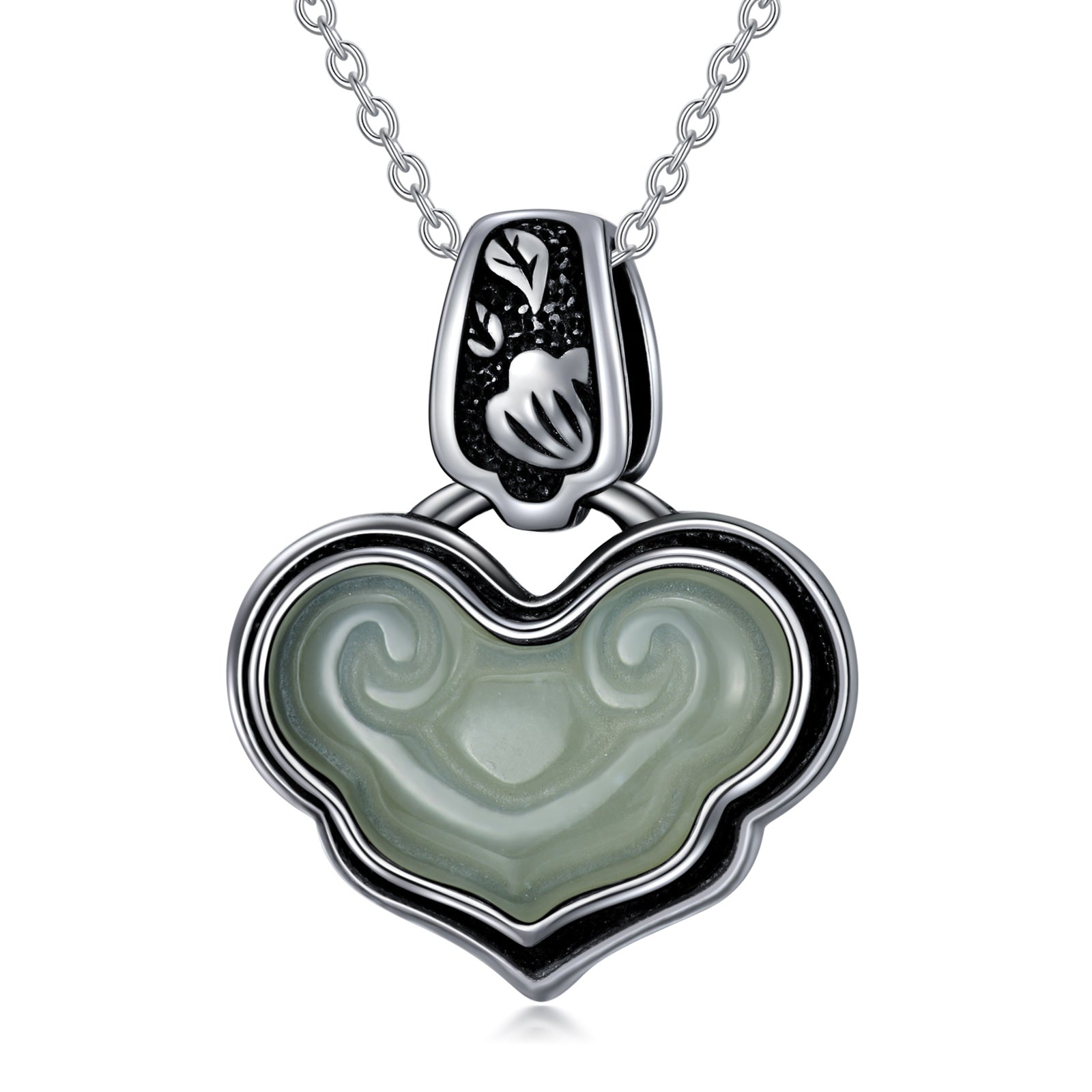 Vintage Heart Jade Pendant Necklace Sterling Silver Boho Antique Necklace Jewelry Gifts for Women Girls Wife Girlfriend Lover Her