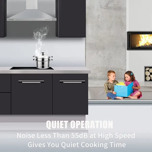 Range Hood 36 Inch;  Wall Mount Vent Hood In Stainless Steel With Ducted/Ductless Convertible Duct;  3 Speed Exhaust Fan;  Energy Saving LED Light;  Push Button Control;  3 Pcs Baffle Filters