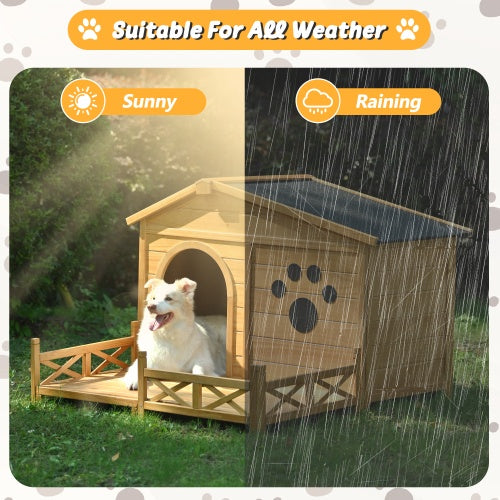48 Wooden Dog House Outdoor With Porch, Dog Kennel With Water - Resistant Asphalt Roof And Fencing,Indoor & Outdoor Dog Crate With Paw Print, Medium, Nature - 5 - CJ