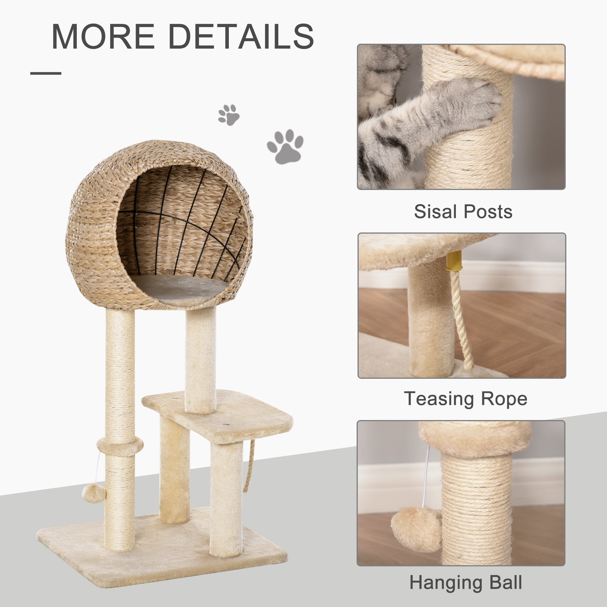 Cat Tree with Sisal Scratching Post Condo and Hanging Rope 39" H, Beige - 5 - CJ