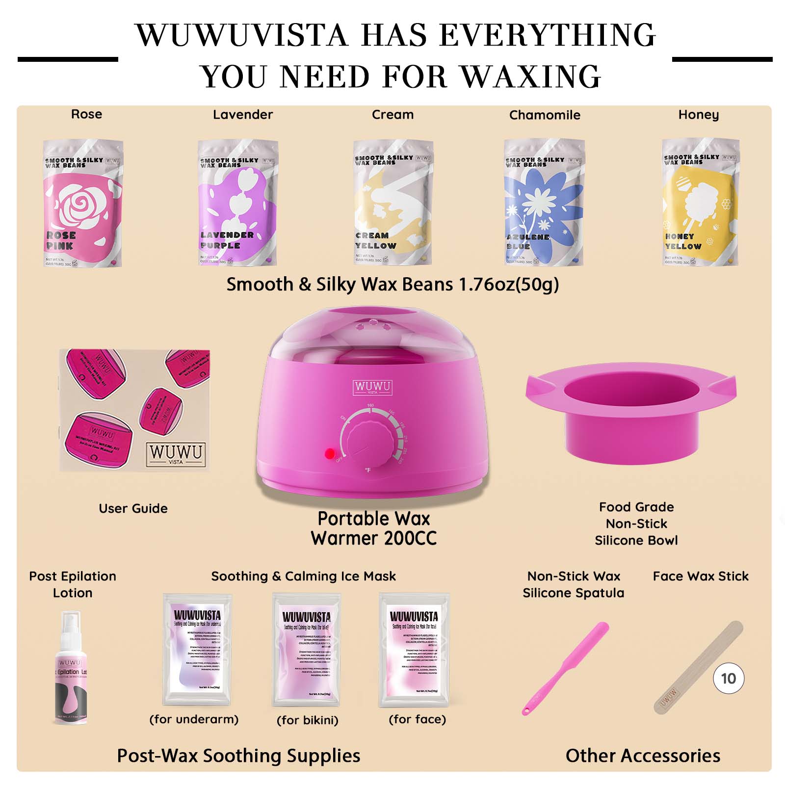 Waxing Kit WUWUVISTA 23 Items Hair Removal Wax Kit With Wax Warmer Waxing Beads For Face, Brazilian, Full Body, Bikini, Sensitiive Skin  Skin Suitable For Plugs Of American, European Specification - 5.0 - CJ