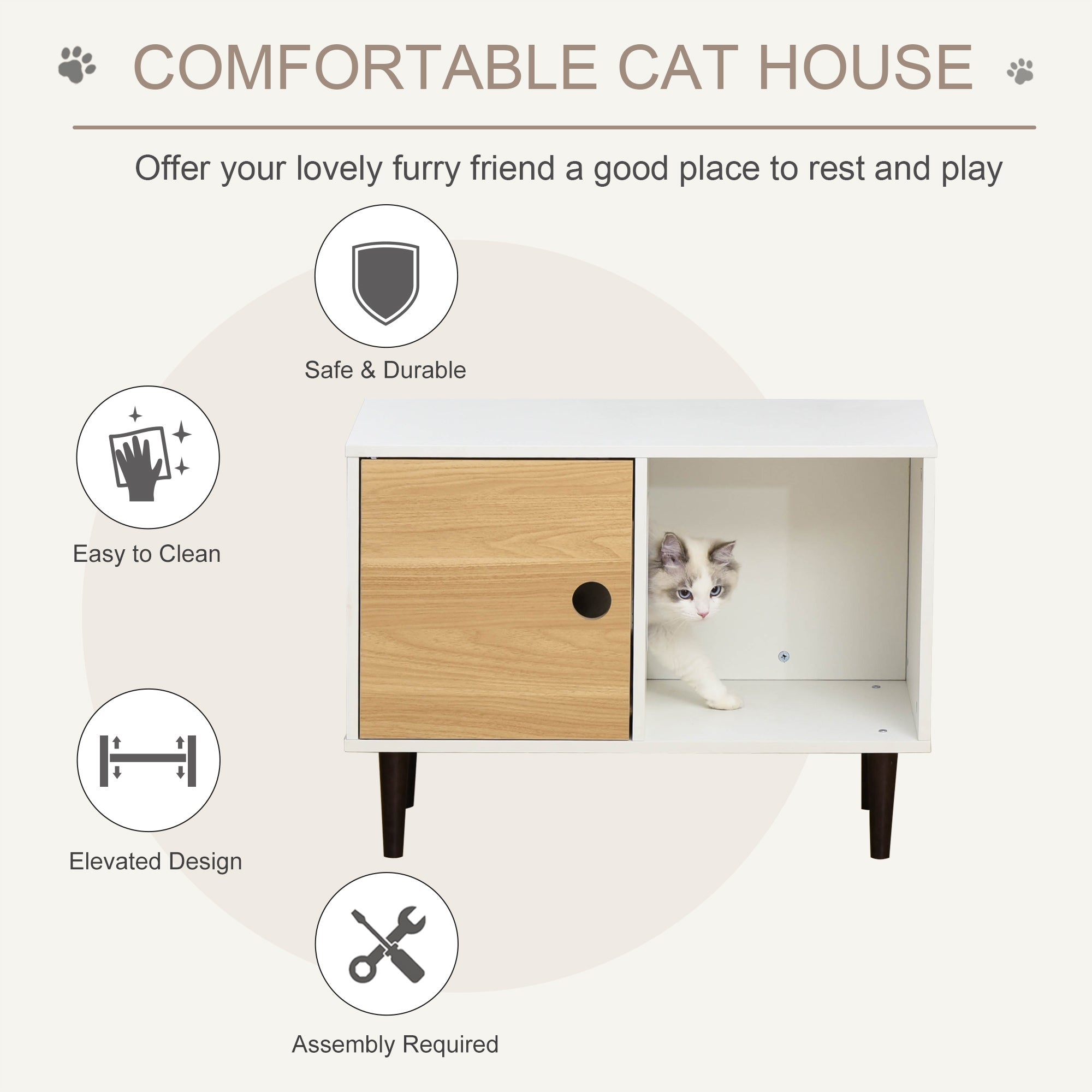 Wooden Cat House with Soft Cushion, Decorative Kitten Condo Side Table, Elevated Pet House with Storage Space - 5 - CJ