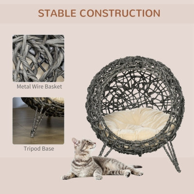 PawHut Rattan Elevated Cat Bed House Kitten Basket Ball Shaped Pet Furniture W Removable Cushion - Silver - Tone And Grey - 5 - cjdroshippping