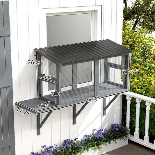 Wooden Cat Catio, Outdoor Cat Enclosure Window Perch With Jumping Platform - 5 - CJ