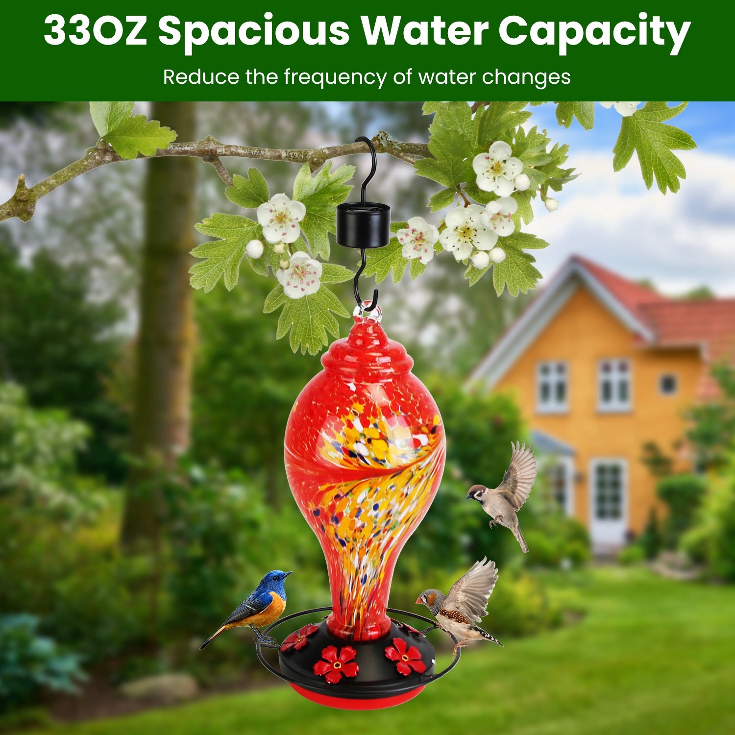 1Pc Glass Hummingbird Feeder 33OZ Hand Blown Hummingbird Feeder With 5 Flower Feeding Port Perch Ant Moat Hanging Hook S Hook Hemp Rope Cleaning Brush For Garden Decor - 5 - CJ