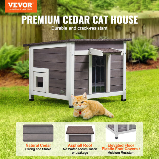 Outdoor Cat House Wooden Feral Cat Shelter With Roof Door Flaps & Window - 5 - CJ