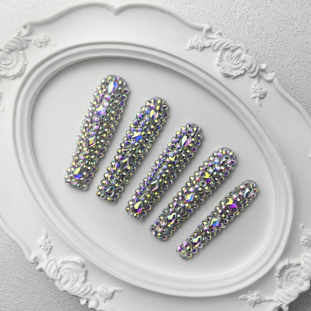 GGddsha 2025 Long Novel Design And Reusable PMMAAcrylic Press On Nails  Handmade Nails Full CoverLuxurious 3D Crystal False Nails With Box Gifts,Stellar Shine