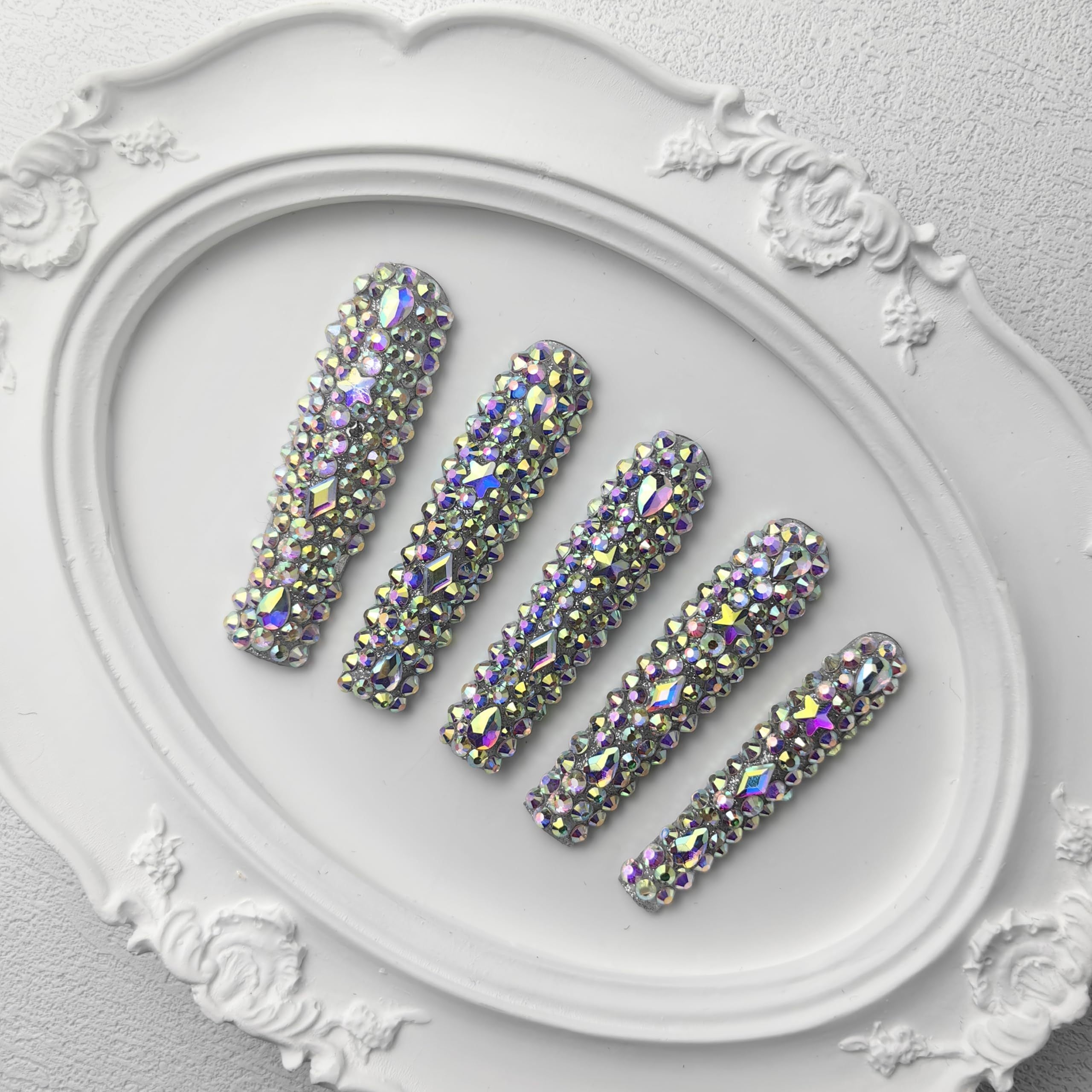 GGddsha 2025 Long Novel Design And Reusable PMMAAcrylic Press On Nails  Handmade Nails Full CoverLuxurious 3D Crystal False Nails With Box Gifts,Stellar Shine