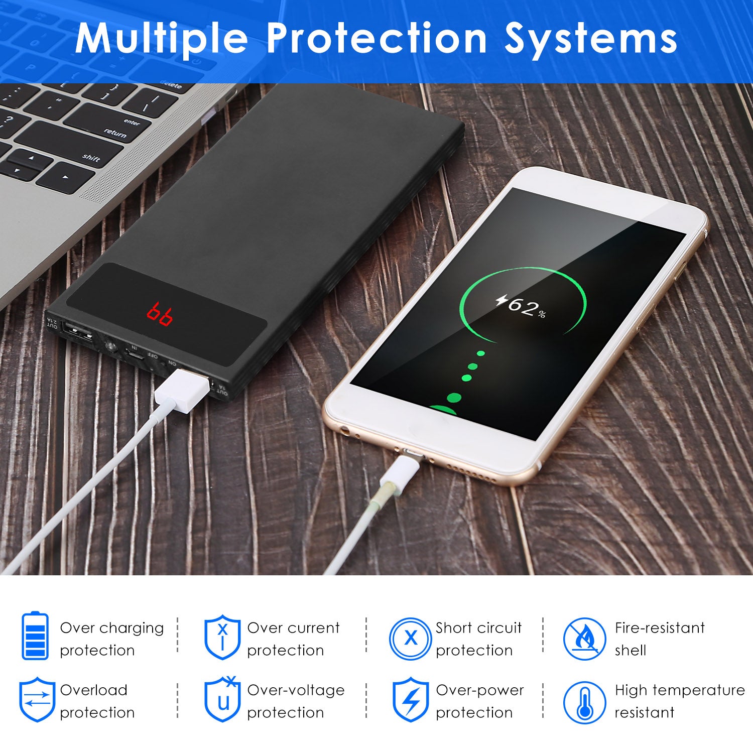 1Pc 20000mAh Power Bank Ultra - thin Phone Charger Dual USB Port Flashlight Battery Remain Display - 5 - CJ
