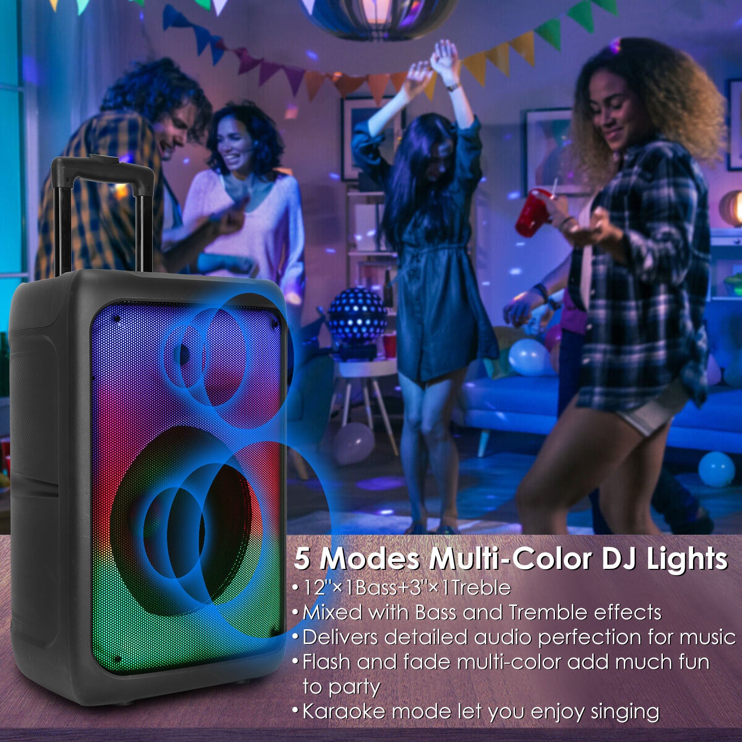1Pc Portable Wireless Party Speaker Party Speaker With With 5 Colorful Lighting Modes TWS FM USB MMC Slot Aux In Recording Mic Priority Trolley Handle 2 Wheels Remote Control