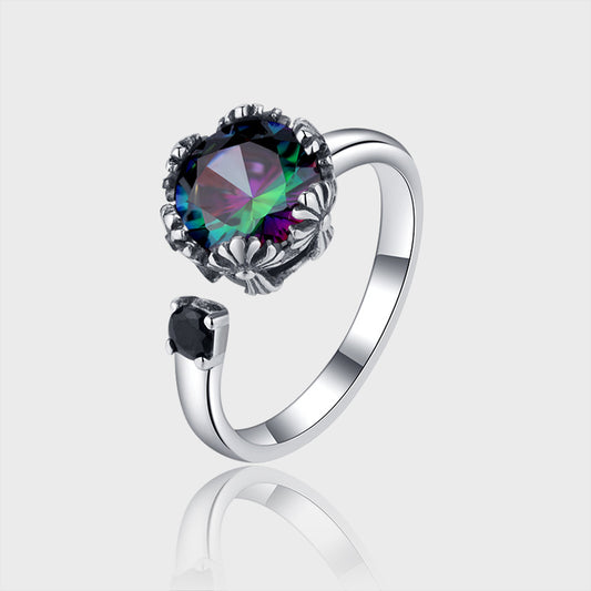 925 Silver Unique Vintage Crow Iris Cross Flower Crown Ring - 4 - CJ