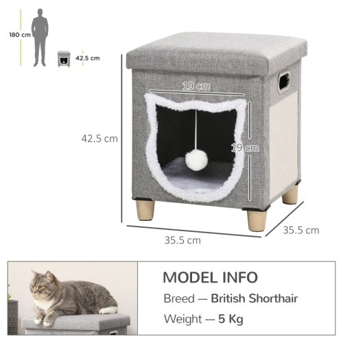 PawHut Cat House Cave, Cat Bed Cube With Scratching Pad, Soft Detachable & Washable Cushion, Toy Ball, For Indoor Kittens, Grey