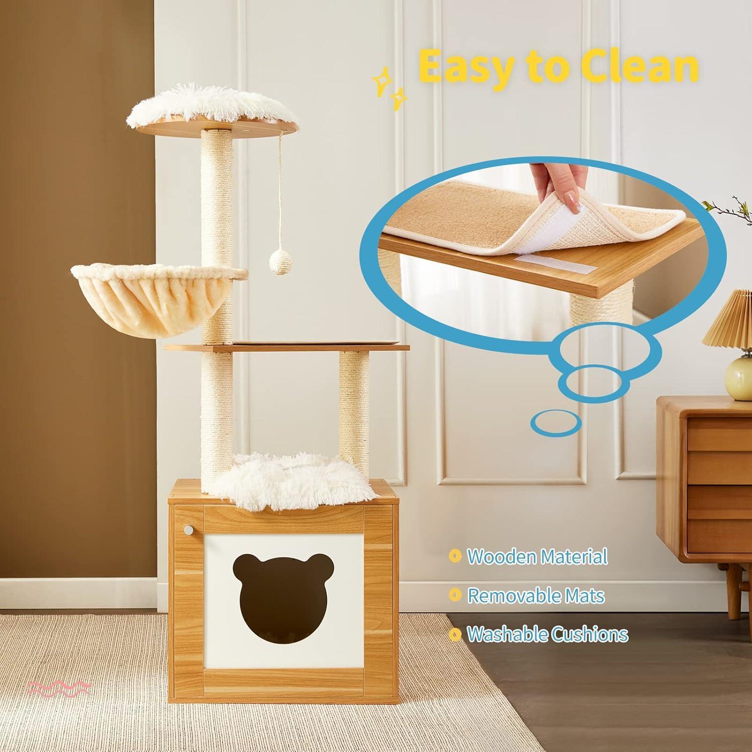 Solid Wood Cat Tree And Tower With Litter Box, Cat Scratching Board And Hammock For Indoor Large Cats - 5 - CJ