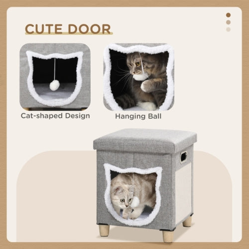 PawHut Cat House Cave, Cat Bed Cube With Scratching Pad, Soft Detachable & Washable Cushion, Toy Ball, For Indoor Kittens, Grey - 5 - CJ