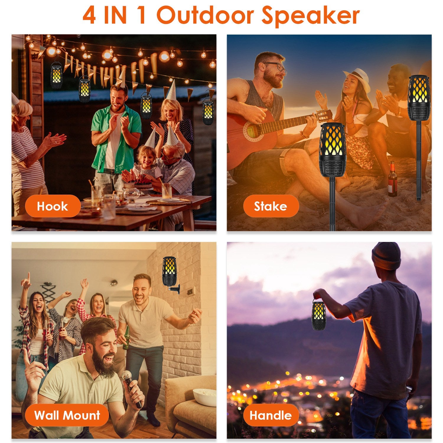 1Pc 4 In 1 Wireless 5.3 Outdoor Speaker IPX5 Waterproof Patio Speaker LED Flame Speaker With 3 Flame Light Modes Hook Stake Wall Mount Holder Sync Up To 1,00 Speakers - 5 - CJ