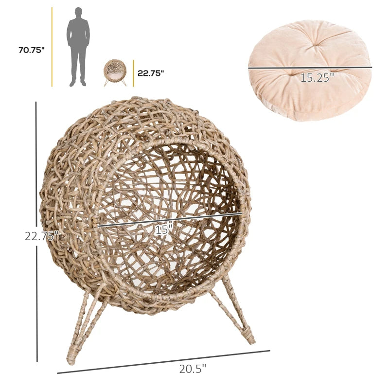 Weaved Cat Bed, Elevated Hand - woven Braided Banana Leaf Kitten House Condo With Cushion, Beige - 5 - CJ
