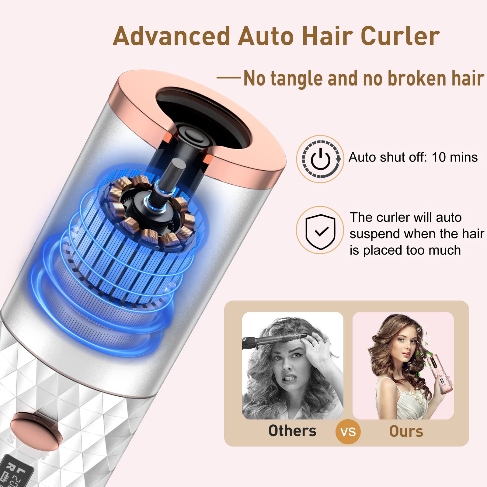 Portable Automatic Hair Curler, Ceramic Rotating Wireless Auto Curling Iron Wand, Portable USB Rechargeable Spin Curler For Hair Styling - 5 - CJ